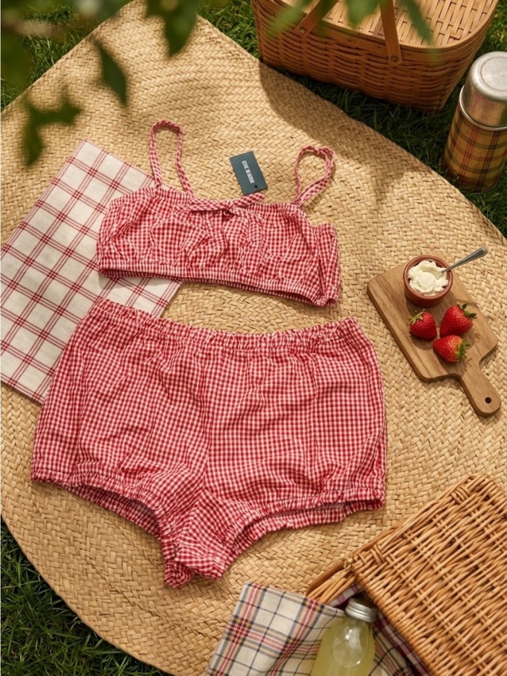 Steve Madden Red Cherry Gingham Picniccore Cottagecore Lounge Set Coquette M